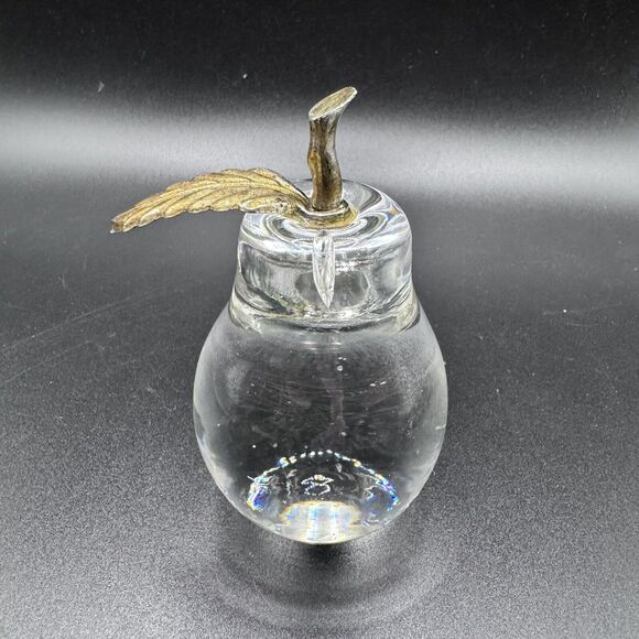 Vintage Clear Art Glass Pear Brass Leaf Paperweight Hand Blown Glass - Picture 4 of 9
